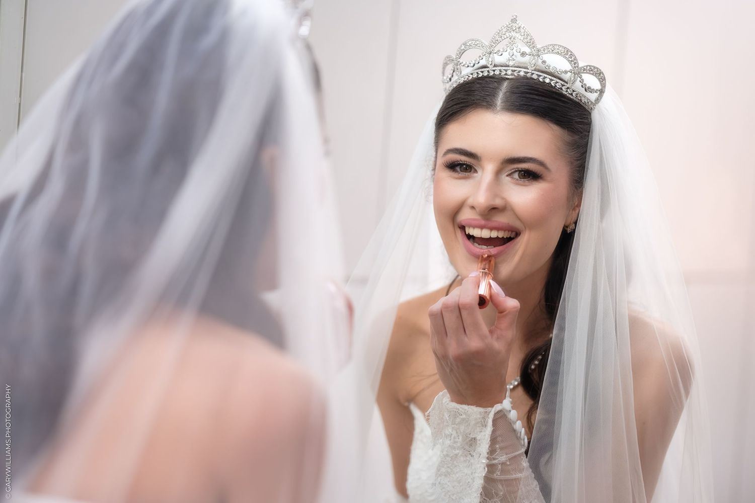A bride wearing a sparkly tiara and veil smiles joyfully in a bridal portrait collage.