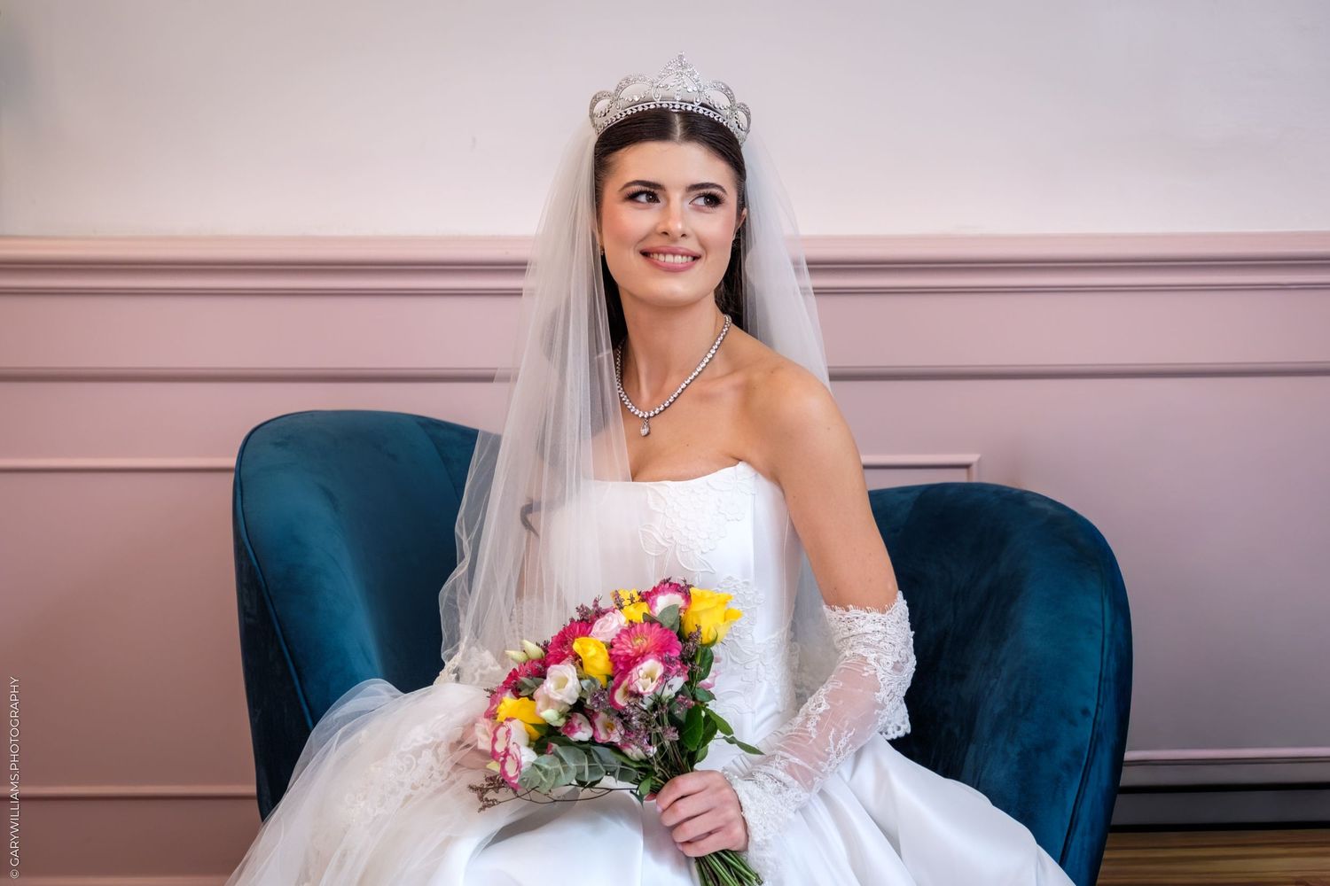 A series of colorful bridal wedding photos showing various poses with a bouquet against light pink walls and blue chair.