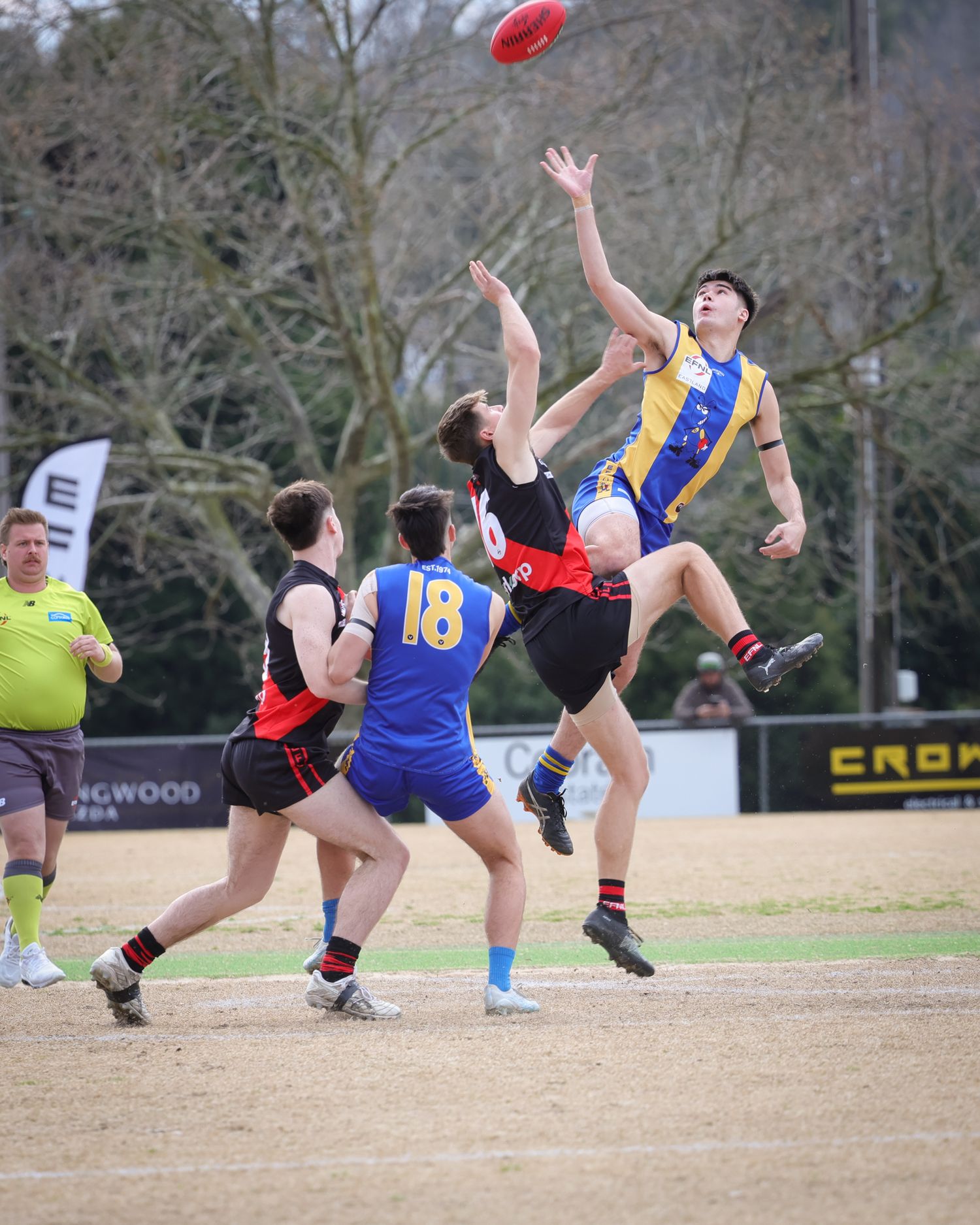 Players leap and stretch to catch a red football during an intense Australian Rules Football match on a grass field.
