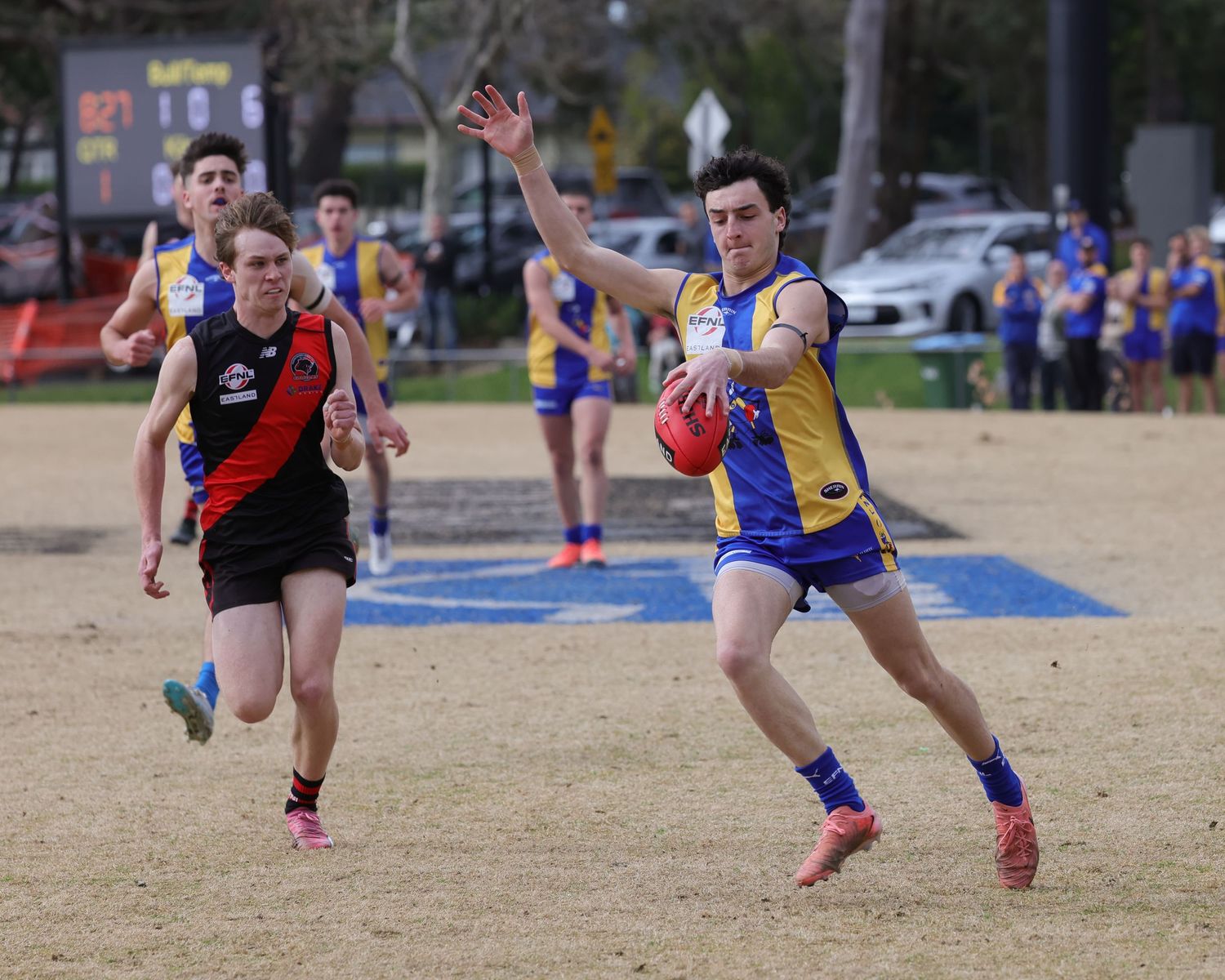 Australian rules football players leap high to compete for possession during an outdoor match.