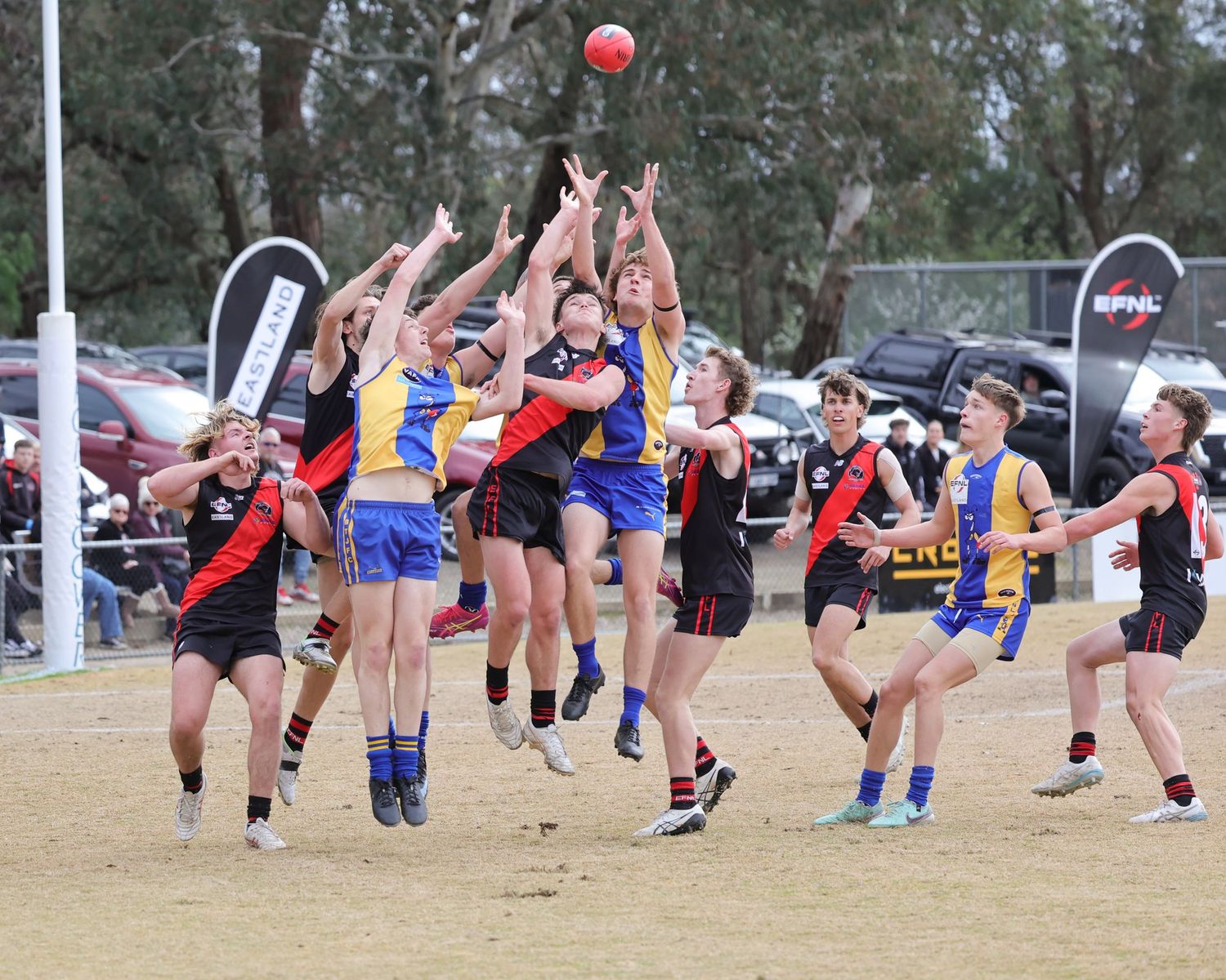 Australian rules football players leap high to compete for the ball during a match on a dusty field.