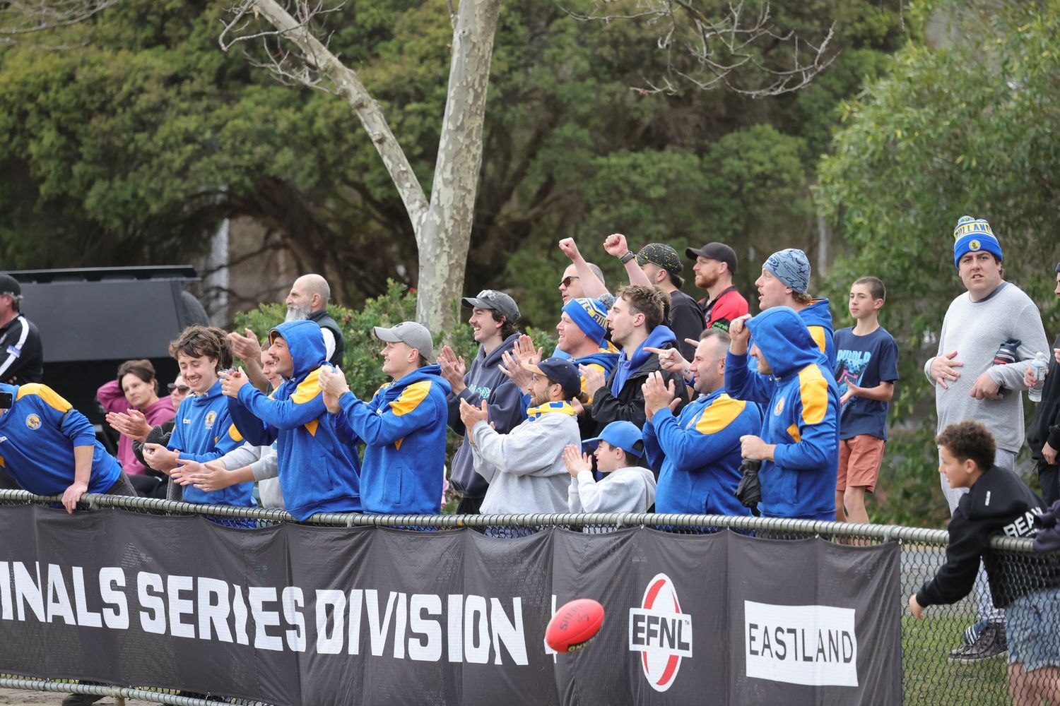Baseball fans cheer together in blue jerseys while watching a playoff game at an outdoor field.