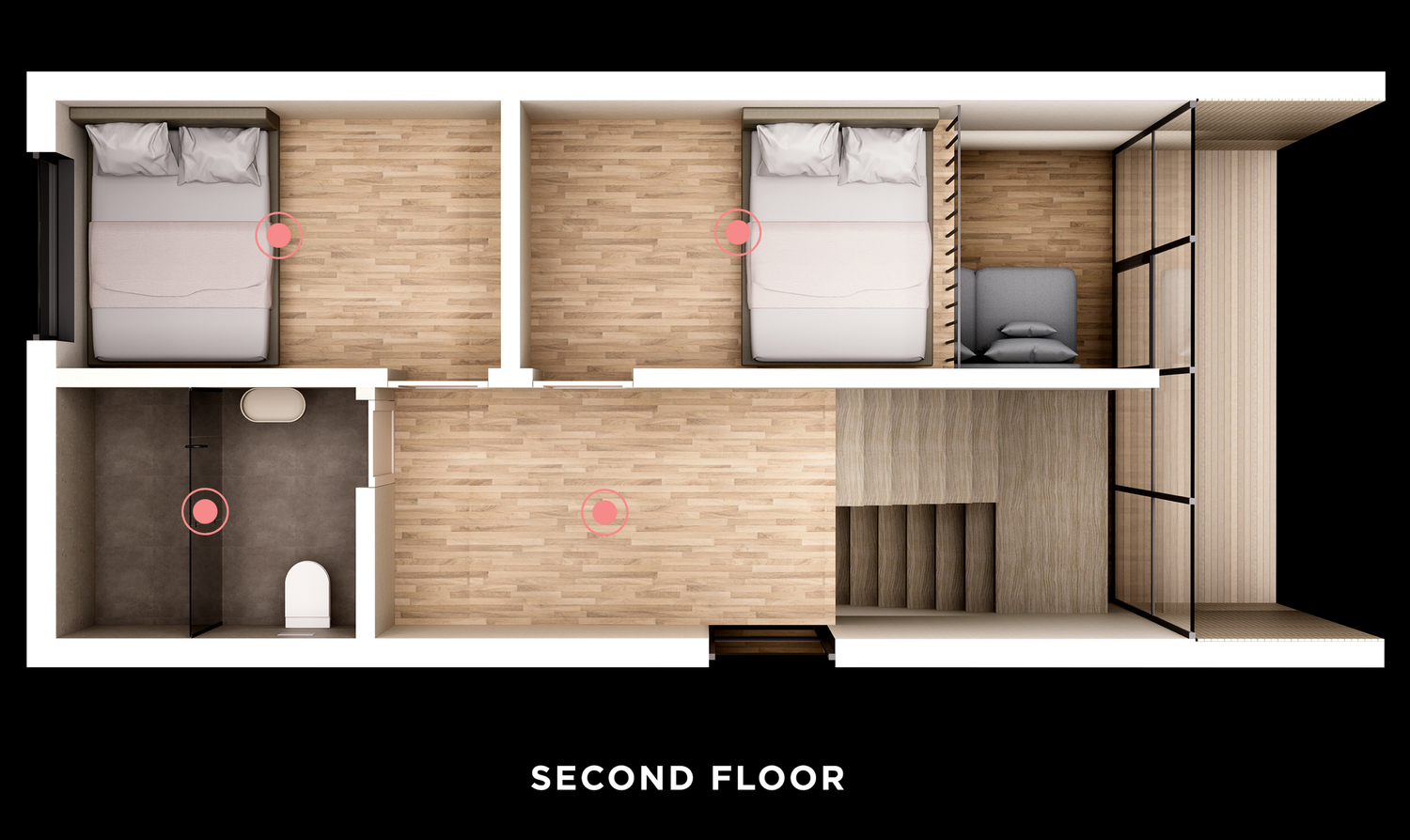 Cross section rendering of modern townhouse interior showing three floors, staircase, and brick accent walls.