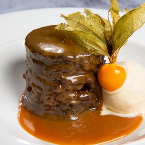 Chocolate layered dessert garnished with golden physalis fruit and caramel sauce on a white plate.