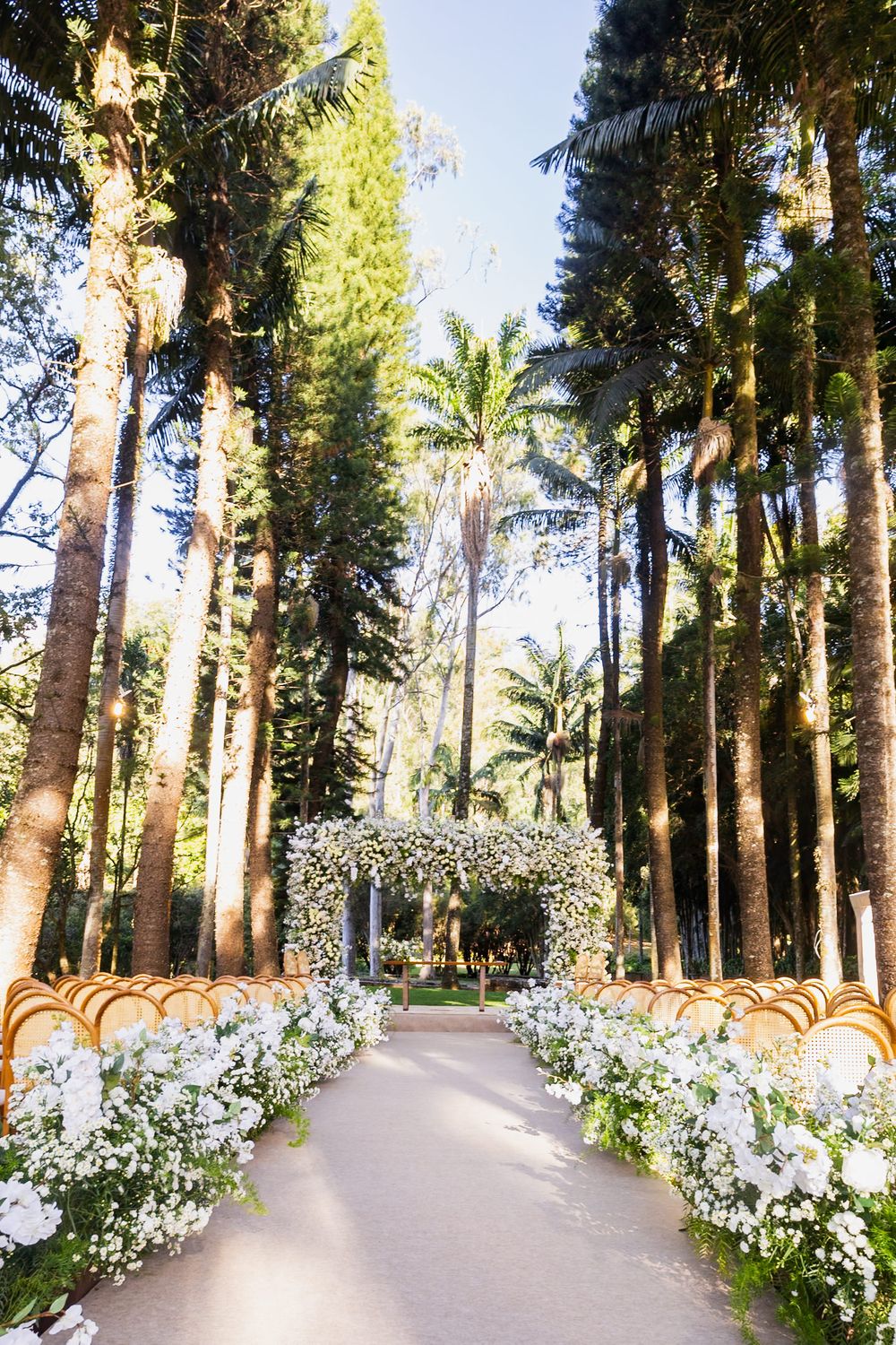 A scenic path through a pine forest lined with blooming white flowers and ornate orange decorative elements.