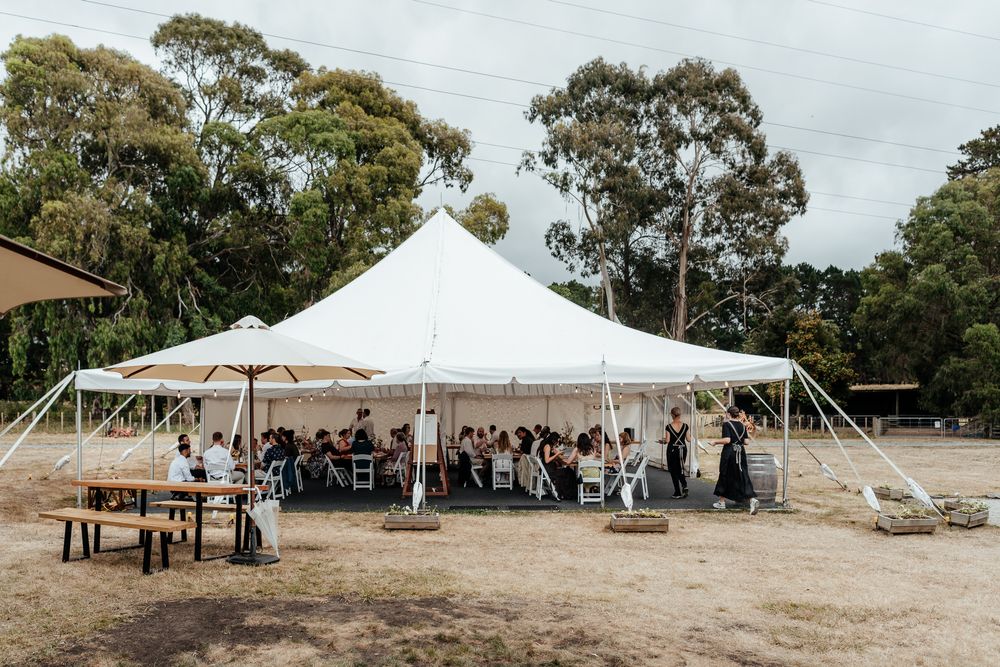 Marquee full of wedding guests in farm setting at Tironui Farm Martinborough by August and Vine