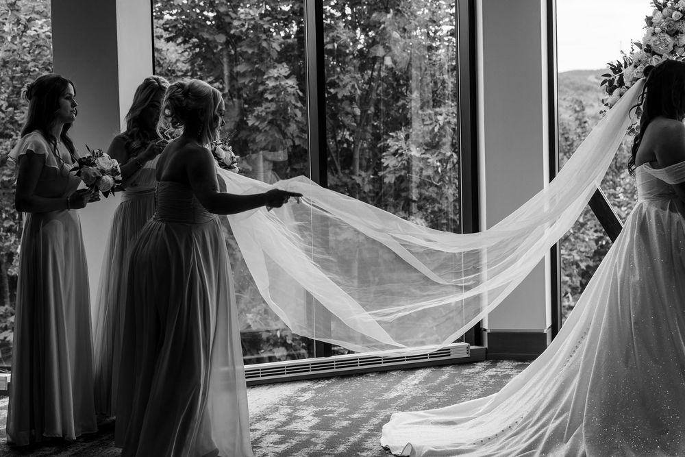 A flowing white wedding veil catches the sunlight in an elegant bridal portrait sequence.