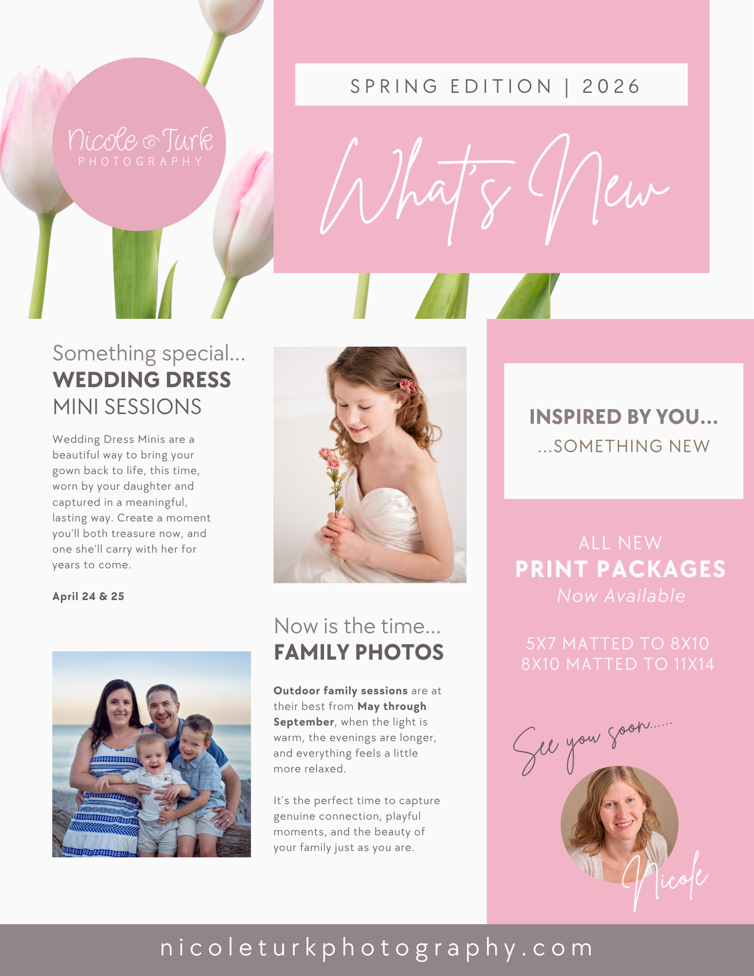 Spring newsletter with in studio Cobourg photography sessions.  Family session and Wedding dress mini sessions*