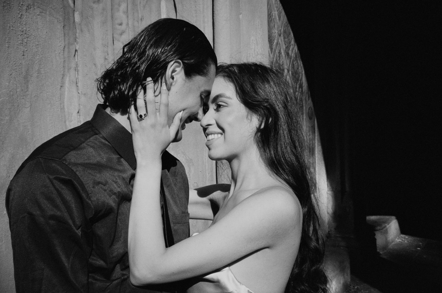 editorial engagement photography with timeless film tones and understated elegance