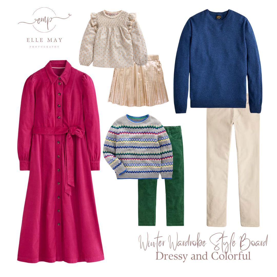 A dressy and colorful curated style board for at-home family session.