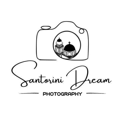 Line art photography logo with Santorini architectural elements in camera shape.