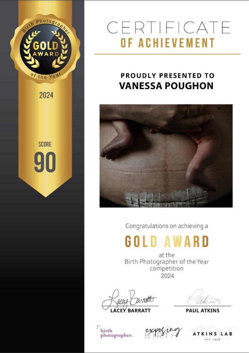 A gold-themed certificate of achievement featuring a 90 score and gold award seal for Birth Photographer of the Year competition.