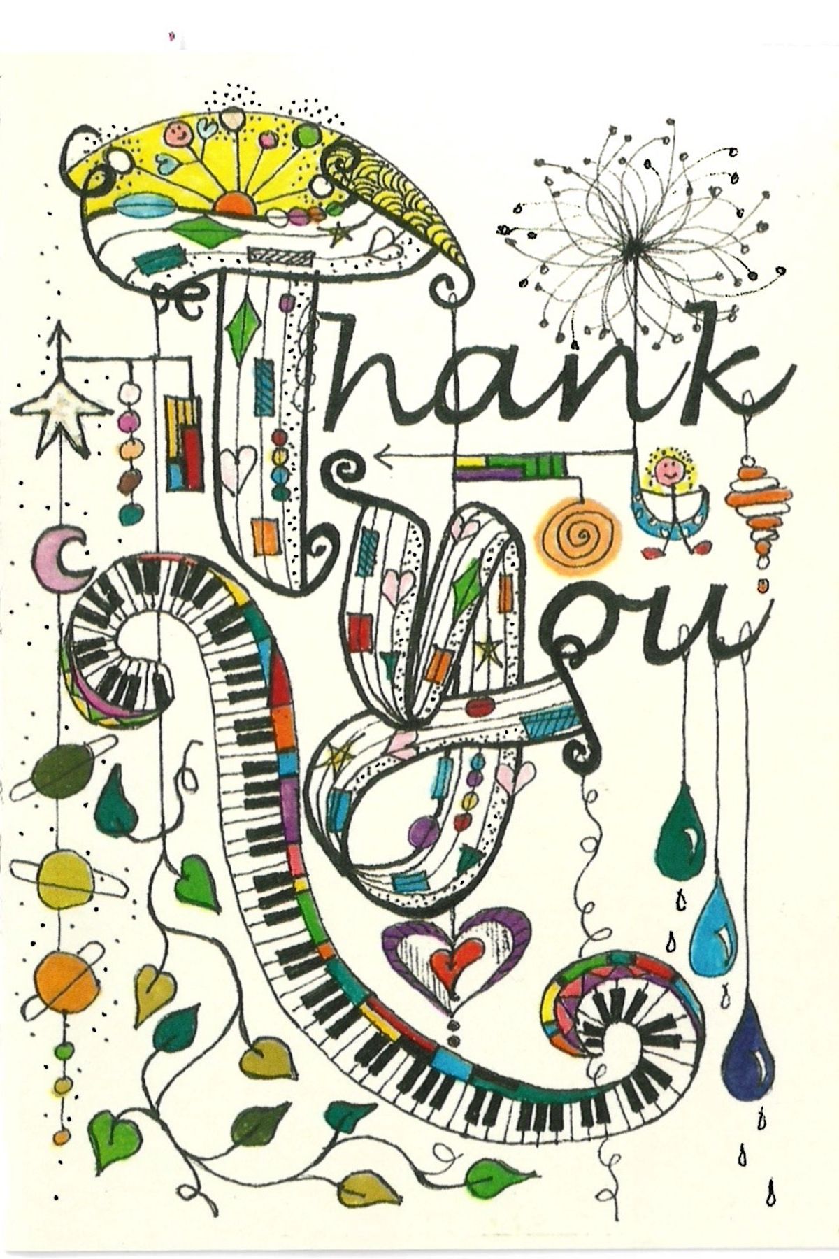 Whimsical watercolor illustration of curved piano keys with colorful musical notes and swirling decorative elements.