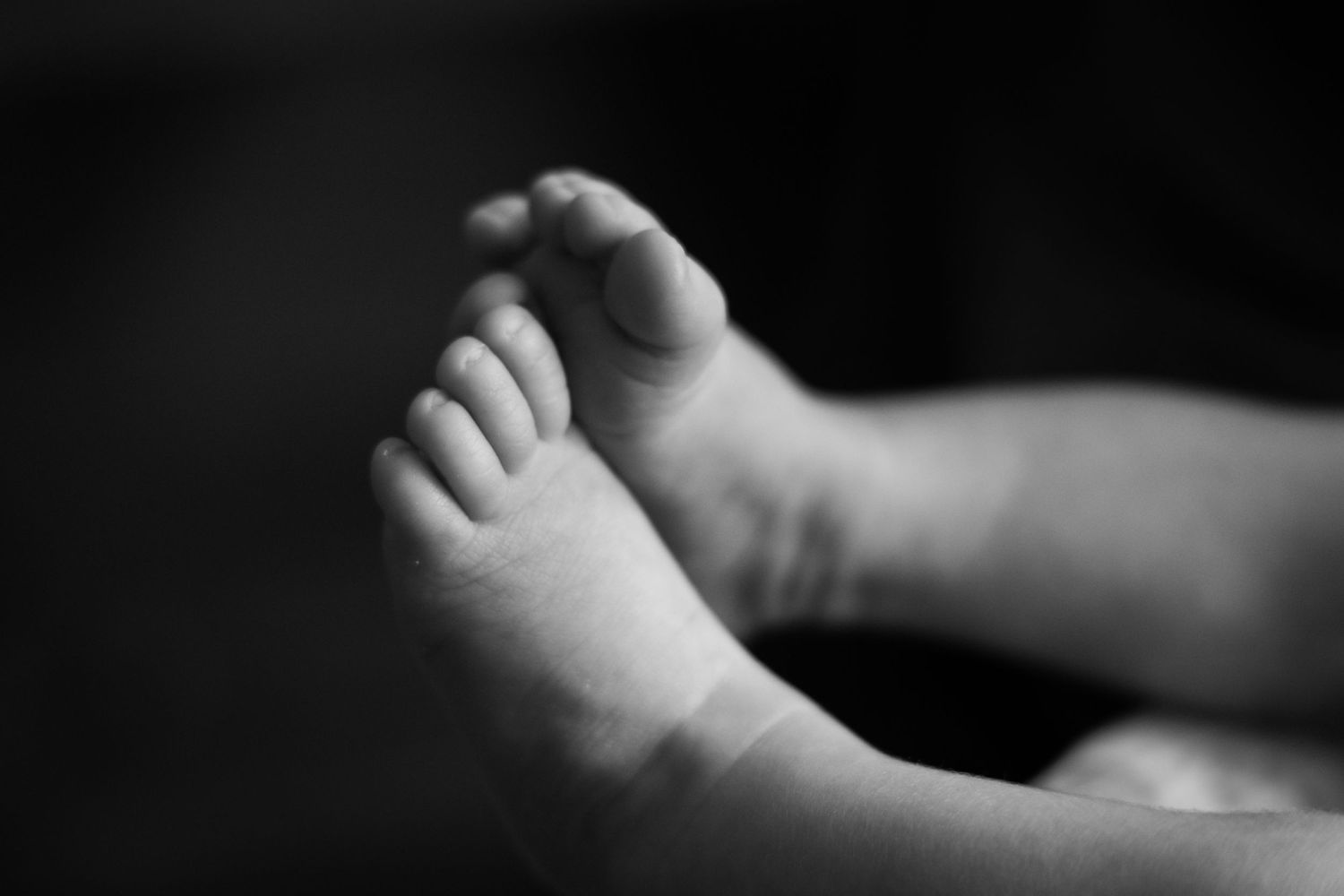 Delicate close-up black and white photograph of tiny newborn baby feet against dark background.