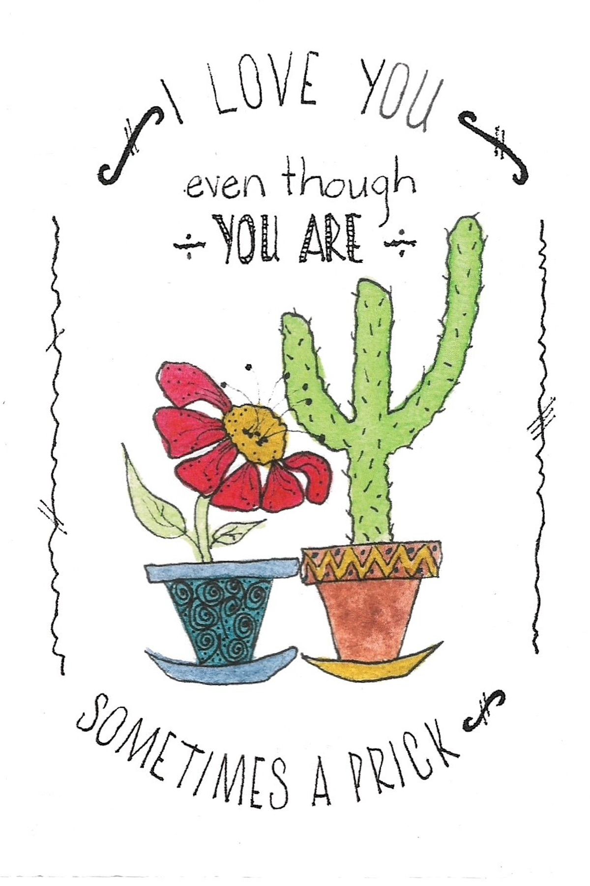 Watercolor illustration of potted cacti with red bows and text saying 'I love you'.