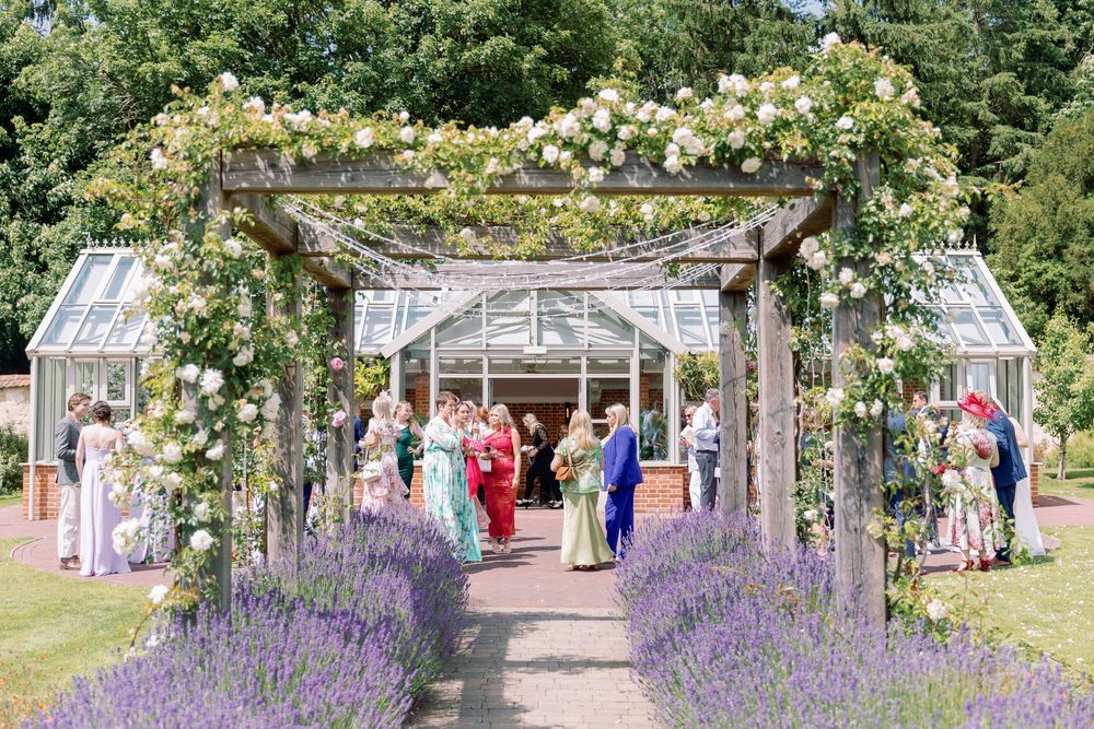 A wooden pergola covered in climbing roses and bordered by lavender leads to a greenhouse in a beautiful garden setting.