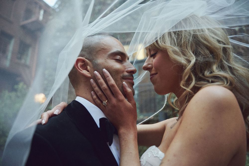 A romantic sequence of wedding photos showing tender moments between newlyweds in an intimate setting.