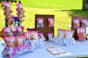 Colorful party favors and gift bags displayed on a table against bright green grass.