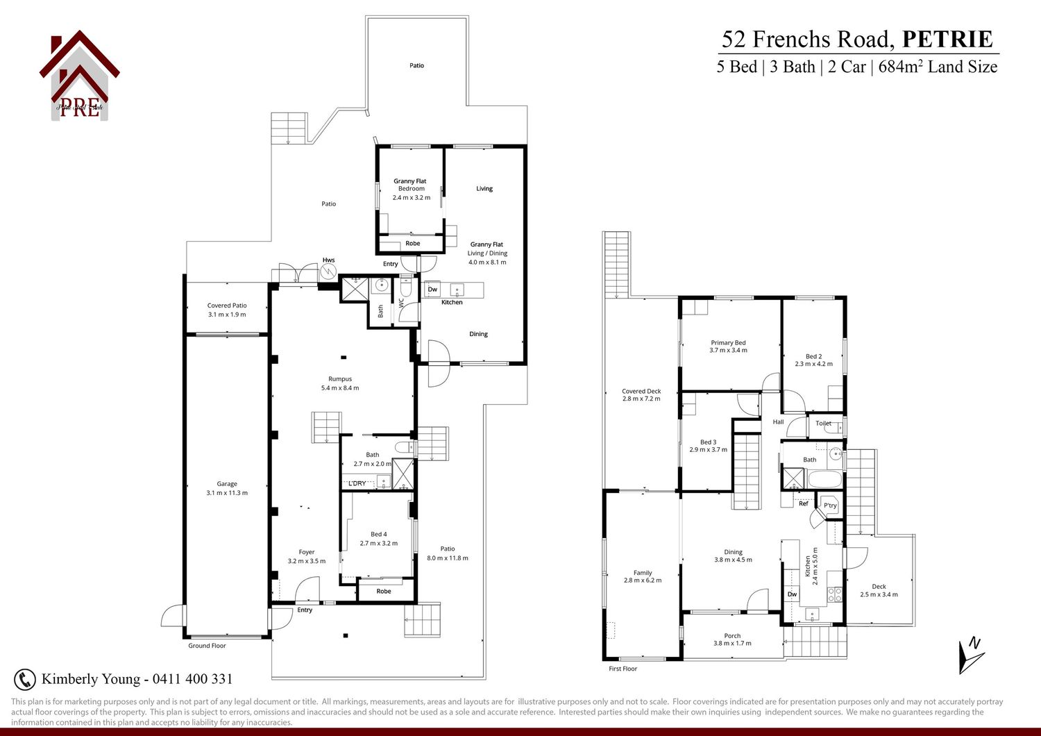 Detailed two-storey floor plan of a house in Petrie, 5-bed 3-bath 2-car home on 688sqm land.