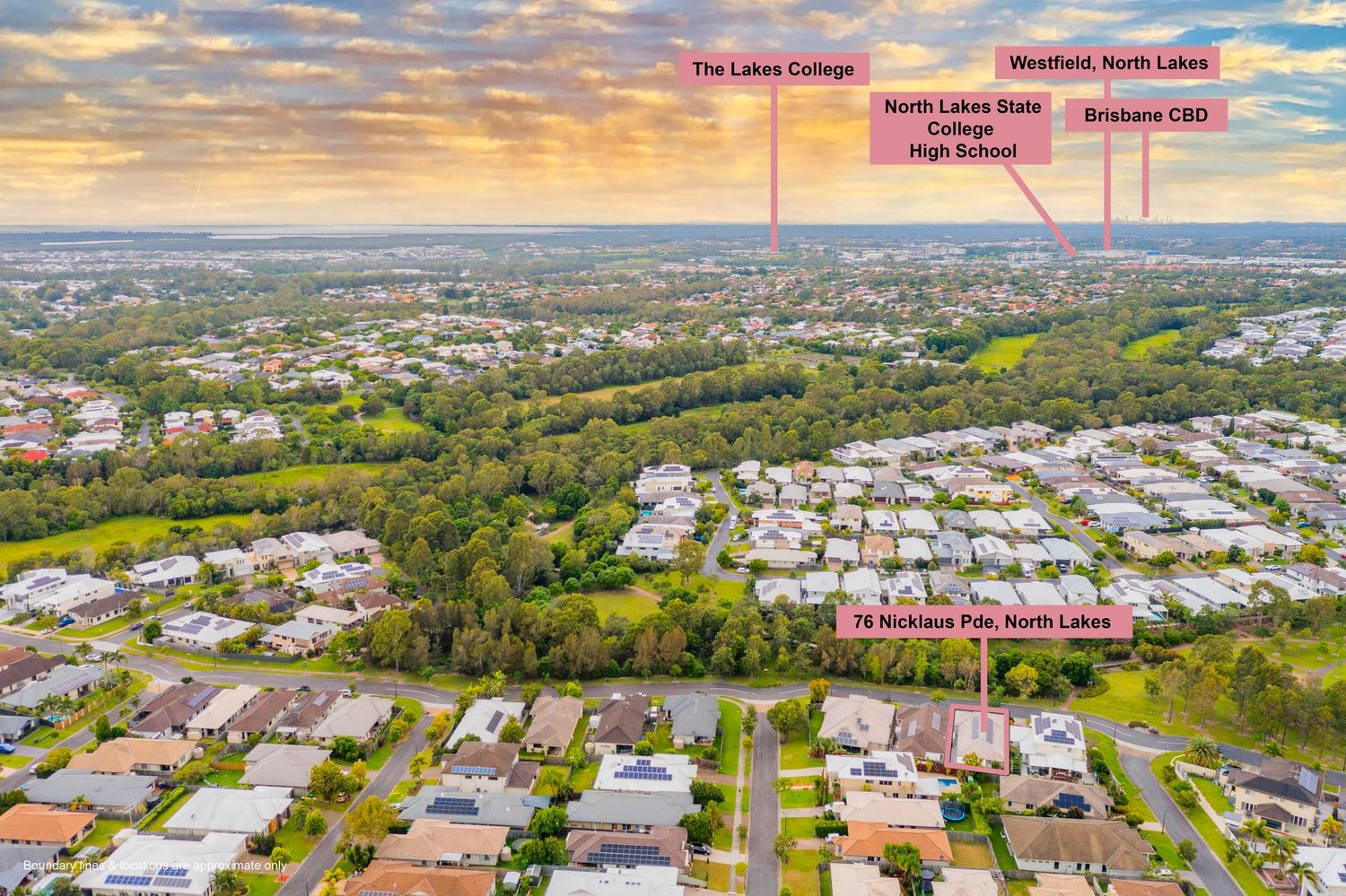 Aerial view of North Lakes showing proximity to North Lakes College, State College High School, Westfield, and Brisbane CBD.