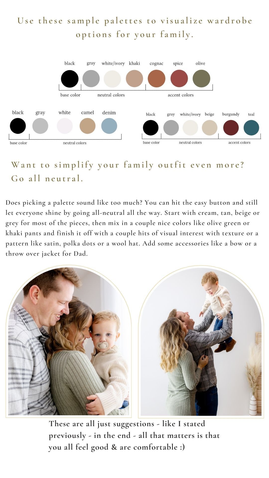 Color palette guide showing neutral wardrobe options with sample family photos demonstrating coordinated casual outfits.