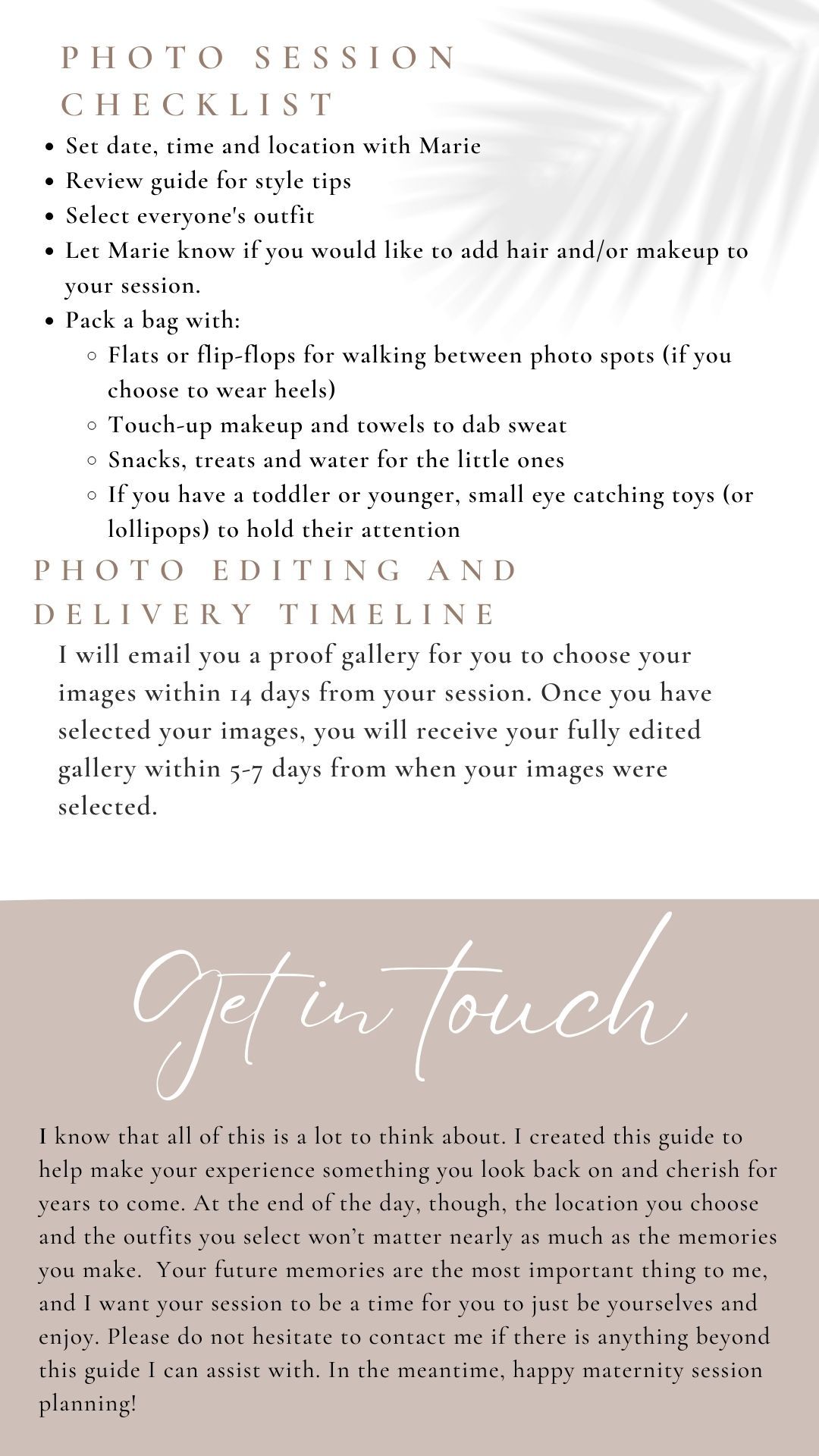 A professional photo session checklist and timeline document with beige background and elegant text styling.