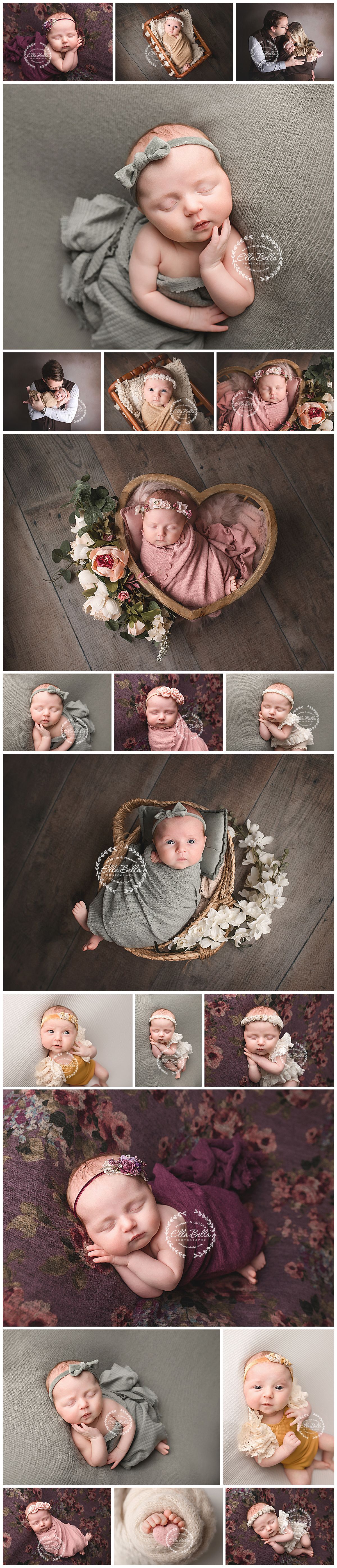 A collection of newborn photography featuring soft wraps, floral arrangements, and rustic wooden props in muted pink and gray tones.
