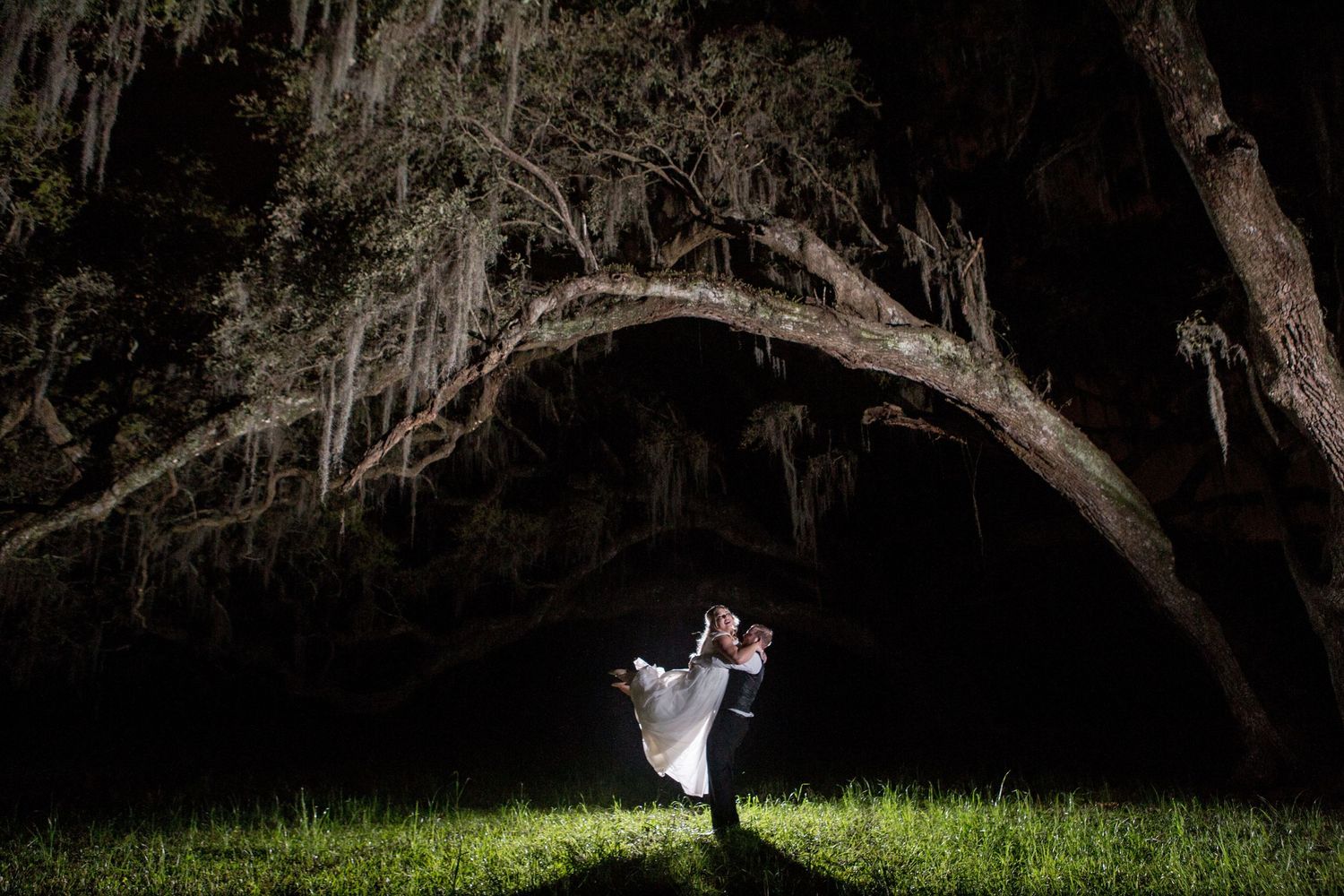 A couple in wedding attire poses under a dramatic tree canopy at night illuminated by spotlights.