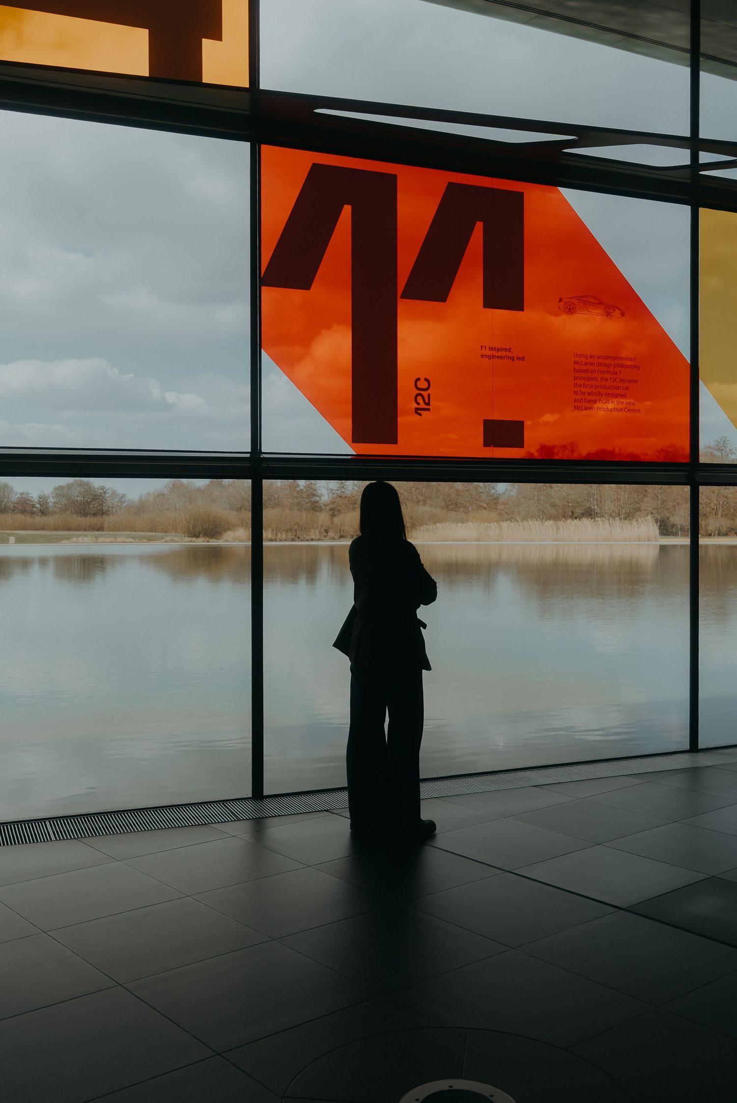 A silhouetted figure stands at a large window overlooking a lake, with an orange geometric shape visible above.