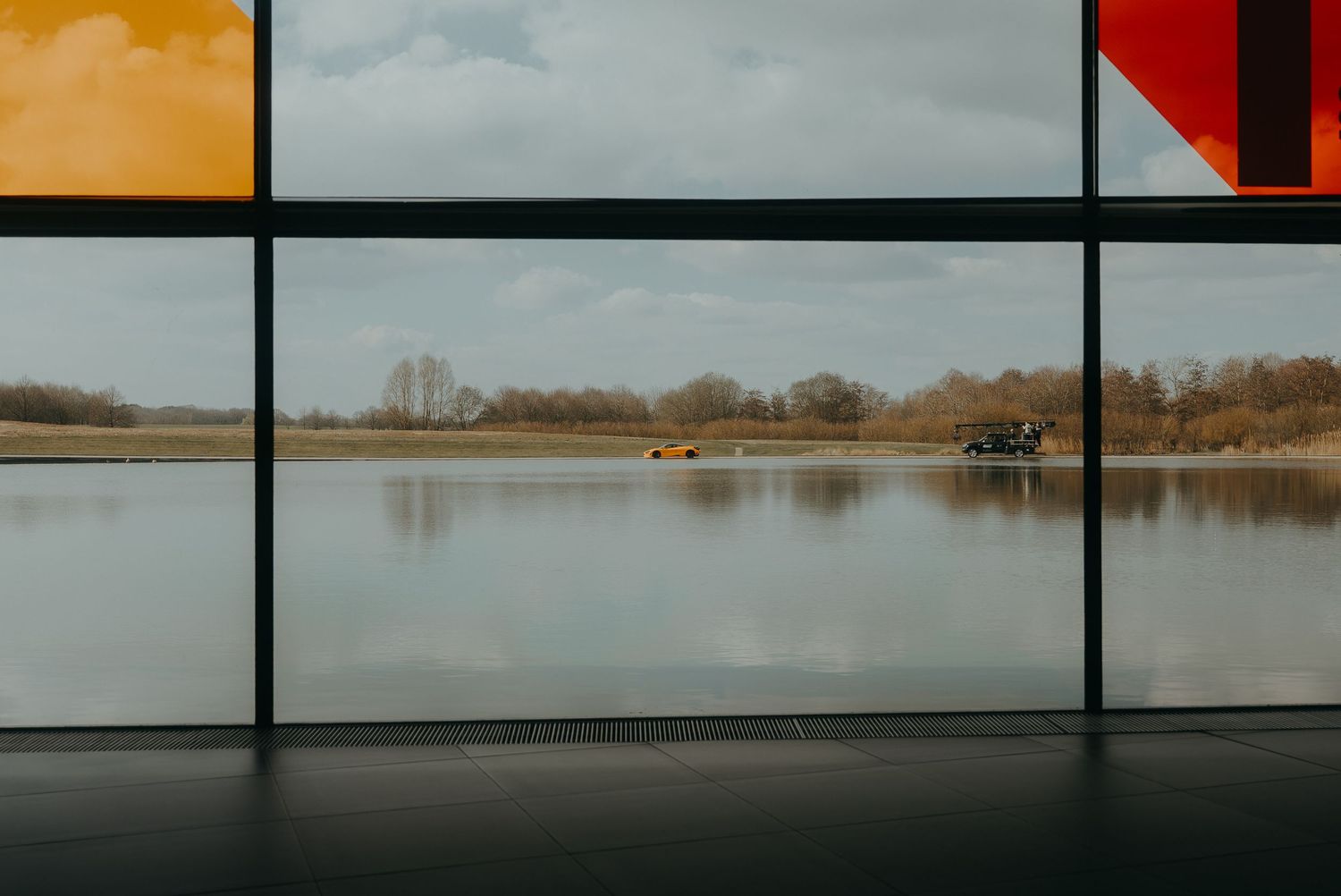 Panoramic collage of serene lake landscapes with cloudy skies and autumn trees reflected in calm waters.