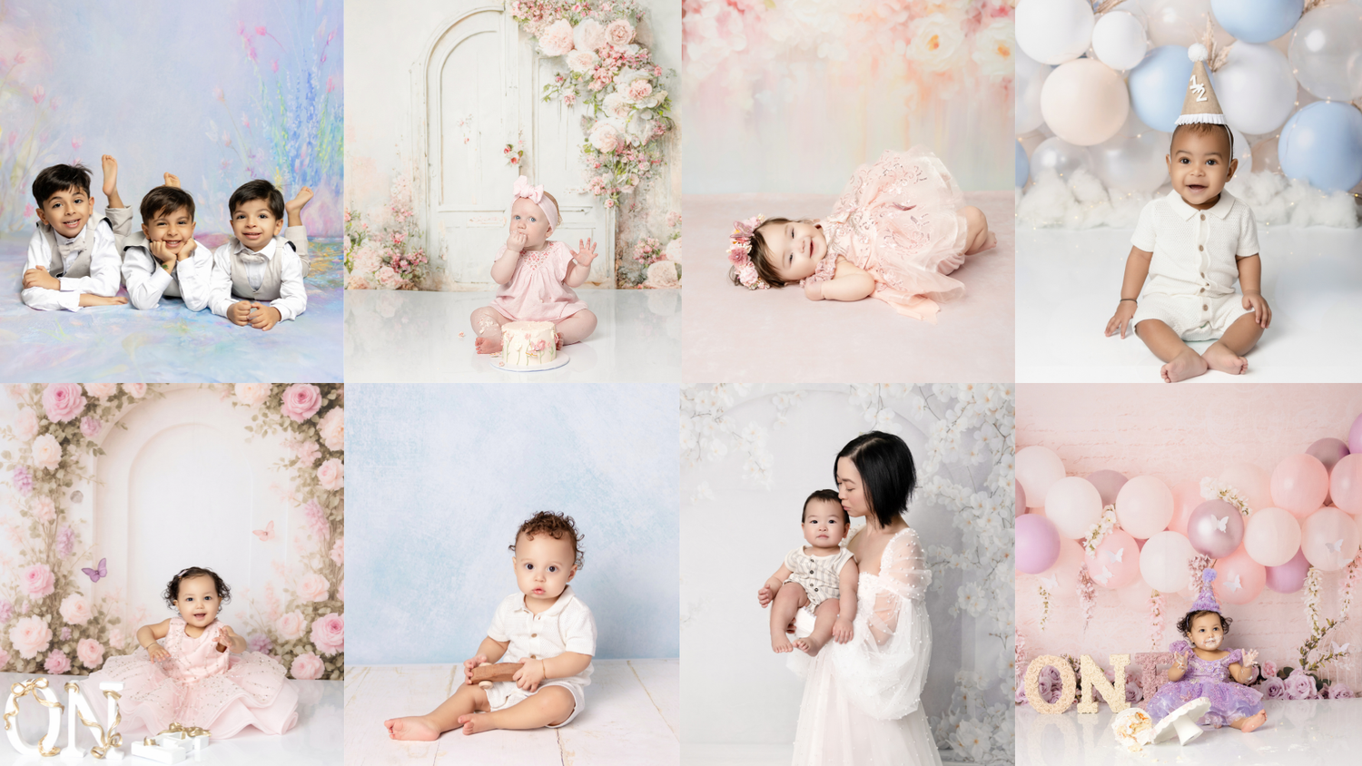 Collage of baby milestone photos with pastel pink and blue balloon backdrops and floral arrangements.