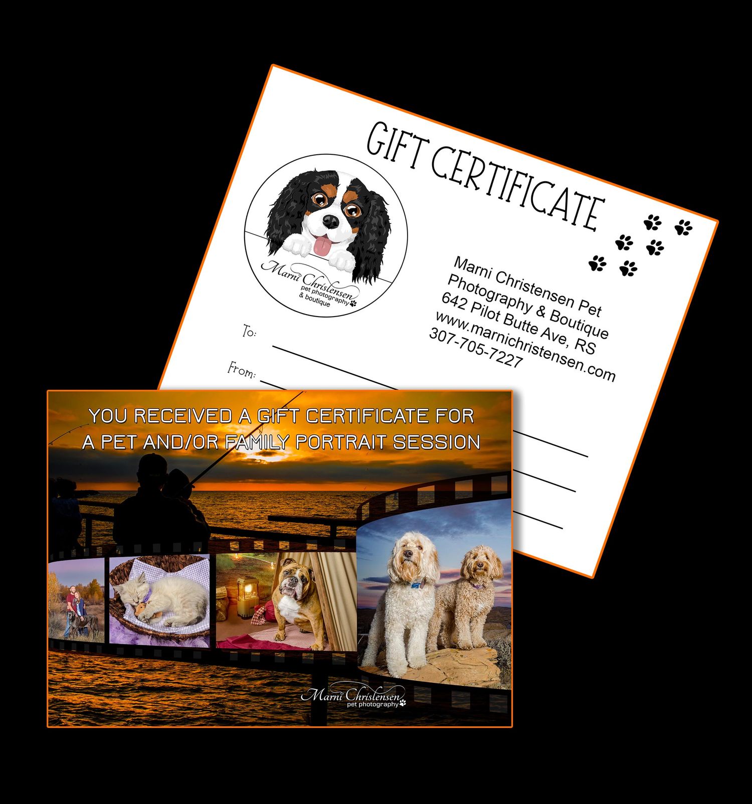 Pet photography gift certificates are displayed on brown and black cards with paw prints and sample photos of cats and dogs.