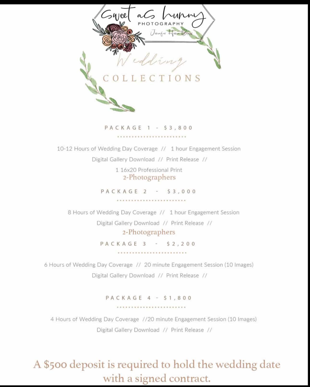 Wedding photography collections price list showing 4 packages ranging from $1,800 to $3,800 with coverage details.
