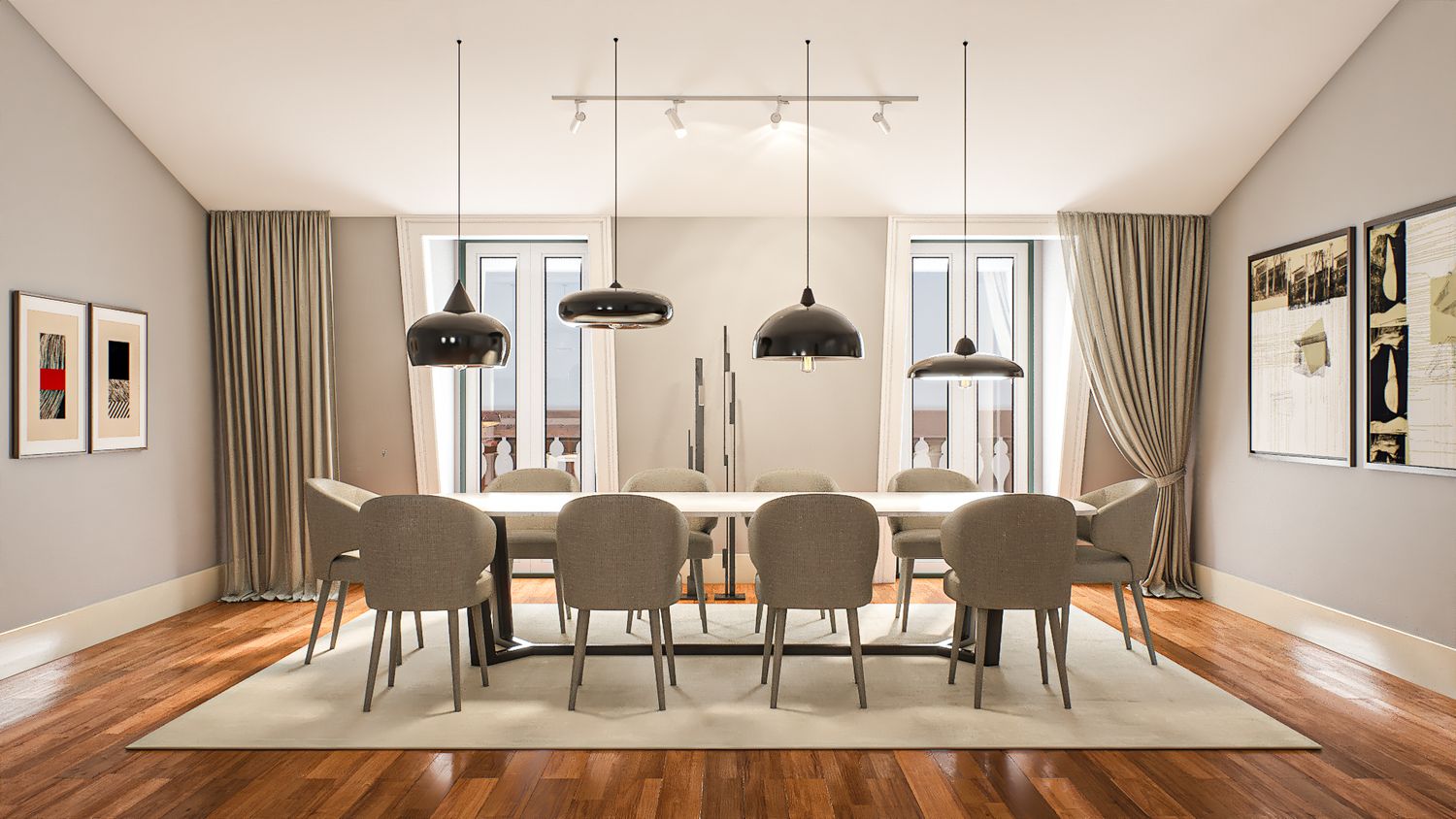Modern dining room interior with pendant lights, gray chairs, and wooden floors showcasing different angles and views.