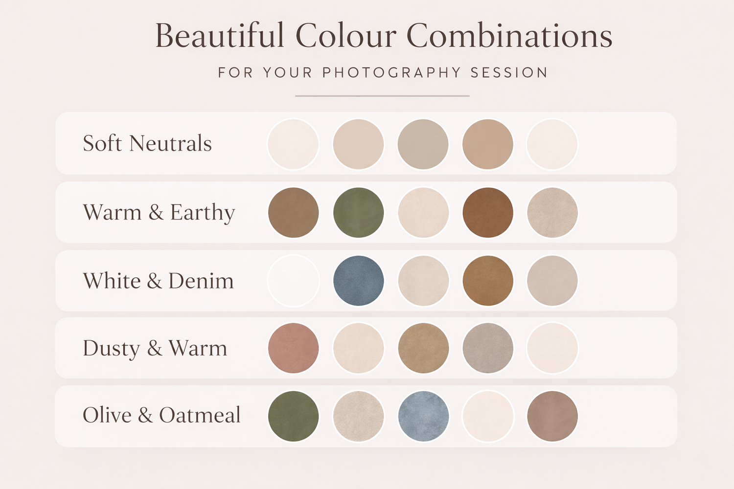 A collection of coordinated coluor palettes showing soft neutrals, warm earth tones, white and denim, and olive combinations.