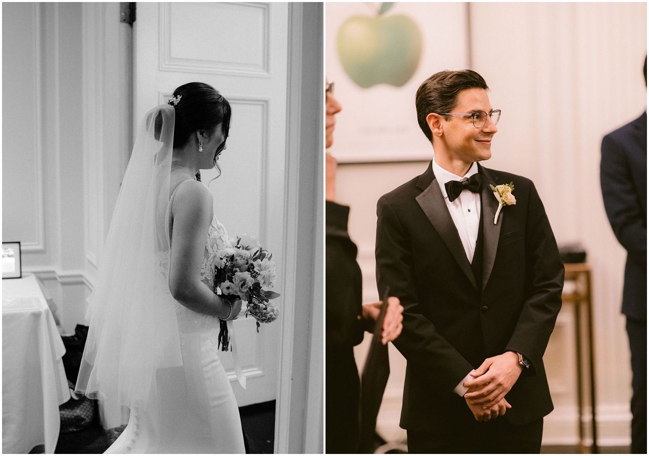 A black and white wedding photo collage showing intimate moments between couples and wedding details.