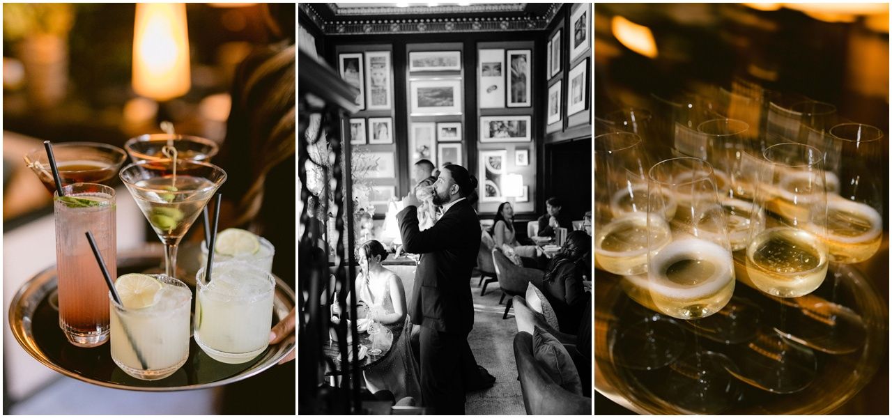 A collection of black and white and color photographs showing cocktail glasses and bar scenes in vintage style.