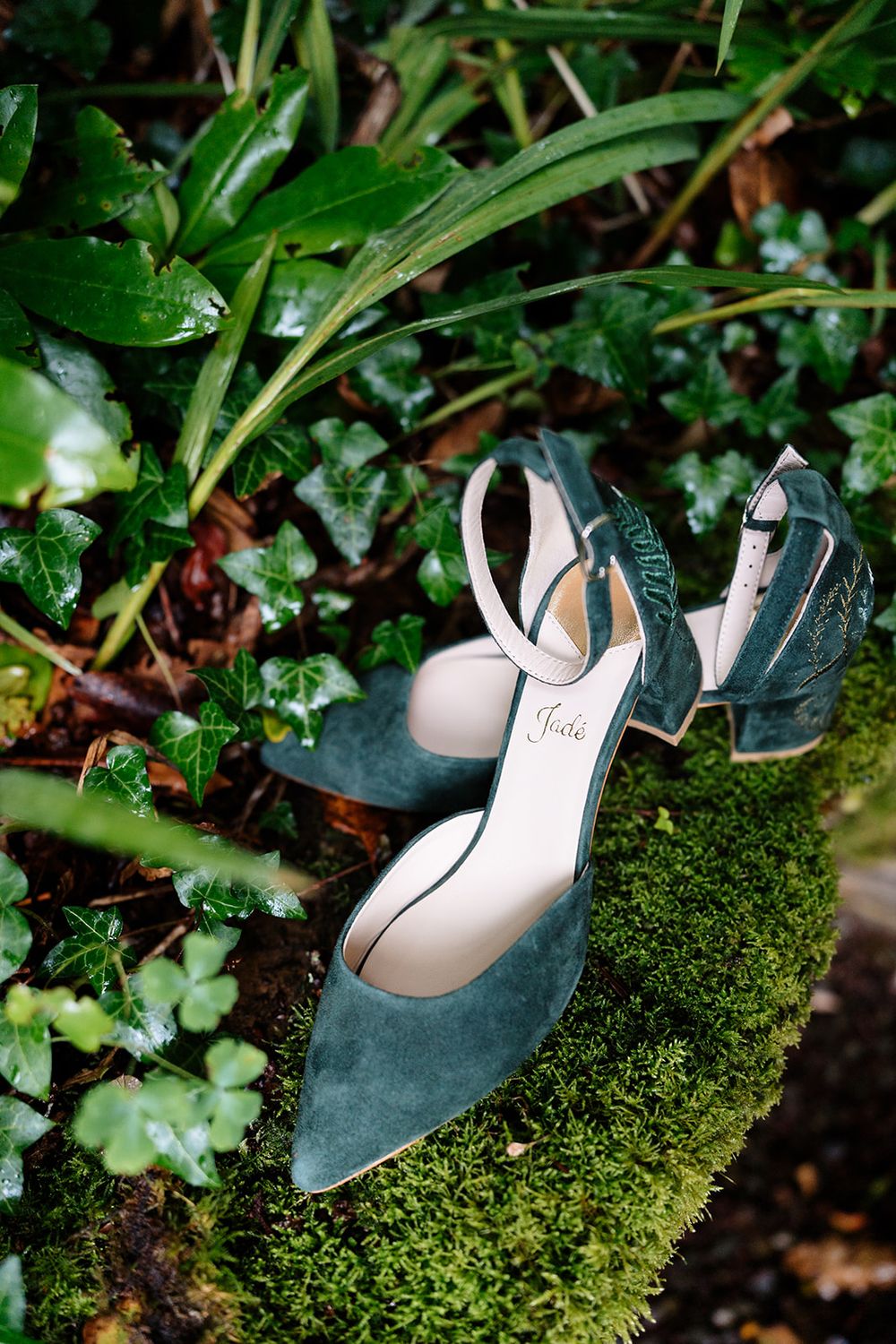 Elegant dark suede ballet flats displayed artistically on green moss with ivy leaves in a garden setting.