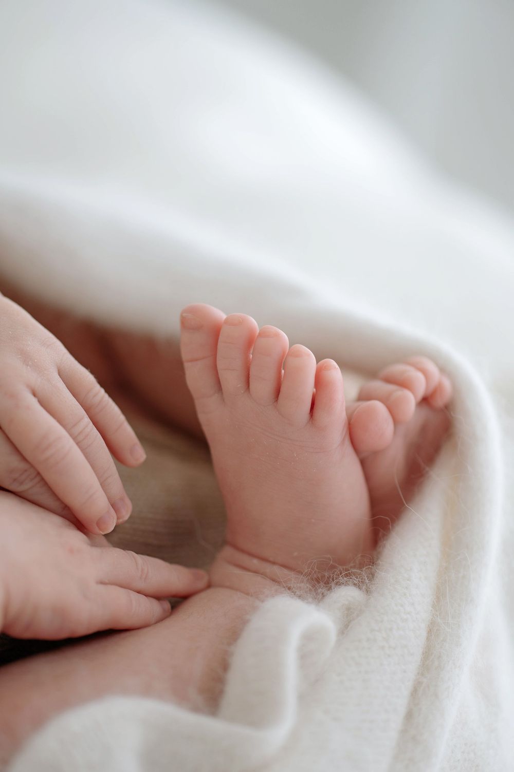 Close up view of tiny newborn baby feet resting on soft white fabric.