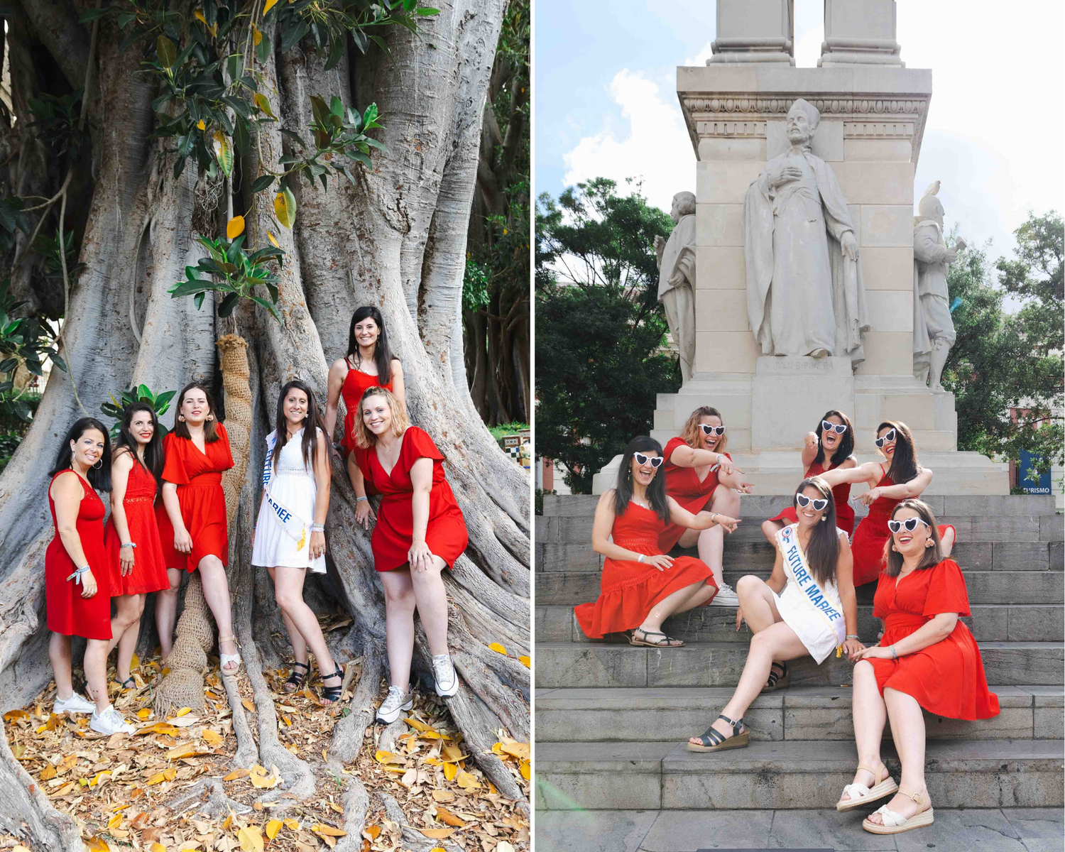 A group in coordinated red and beige outfits pose on stone steps surrounded by autumn leaves.