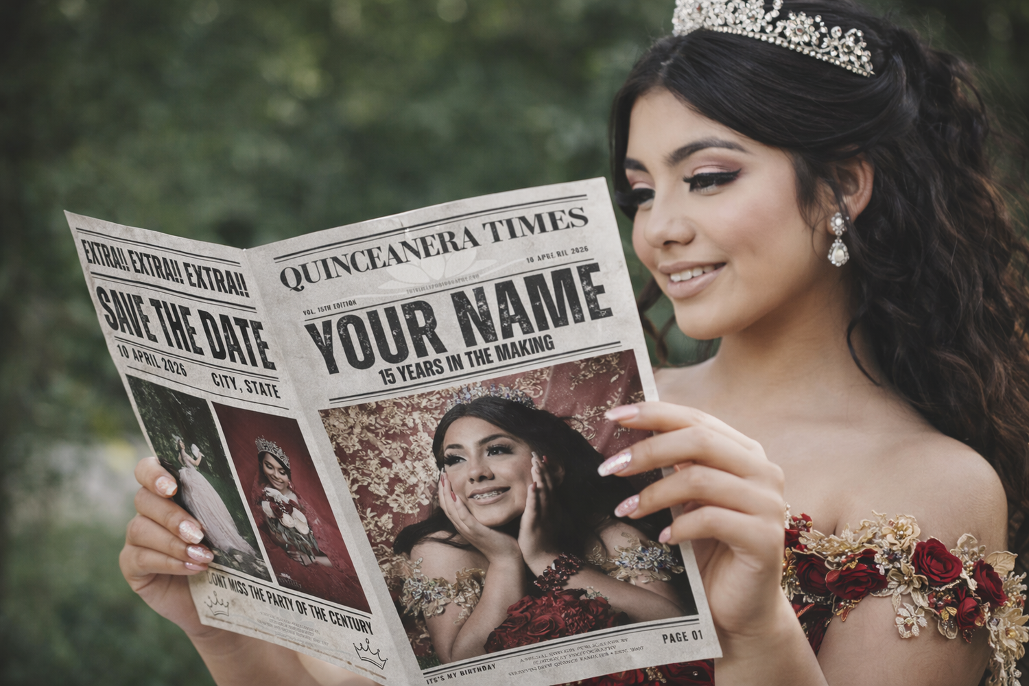 Free editable quinceañera Save the Date newspaper template designed for quince moms by Fotolilly Photography DFW