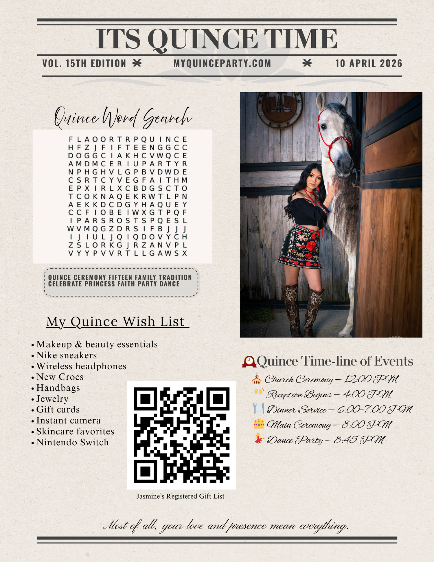 Canva editable quinceañera announcement newspaper template designed by Fotolilly Photography DFW