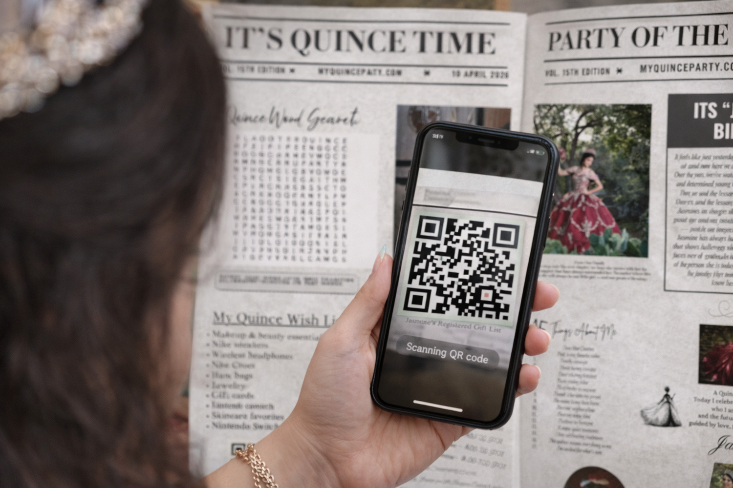 Polished Edition quince newspaper template with QR code linking to quince website or gift registry