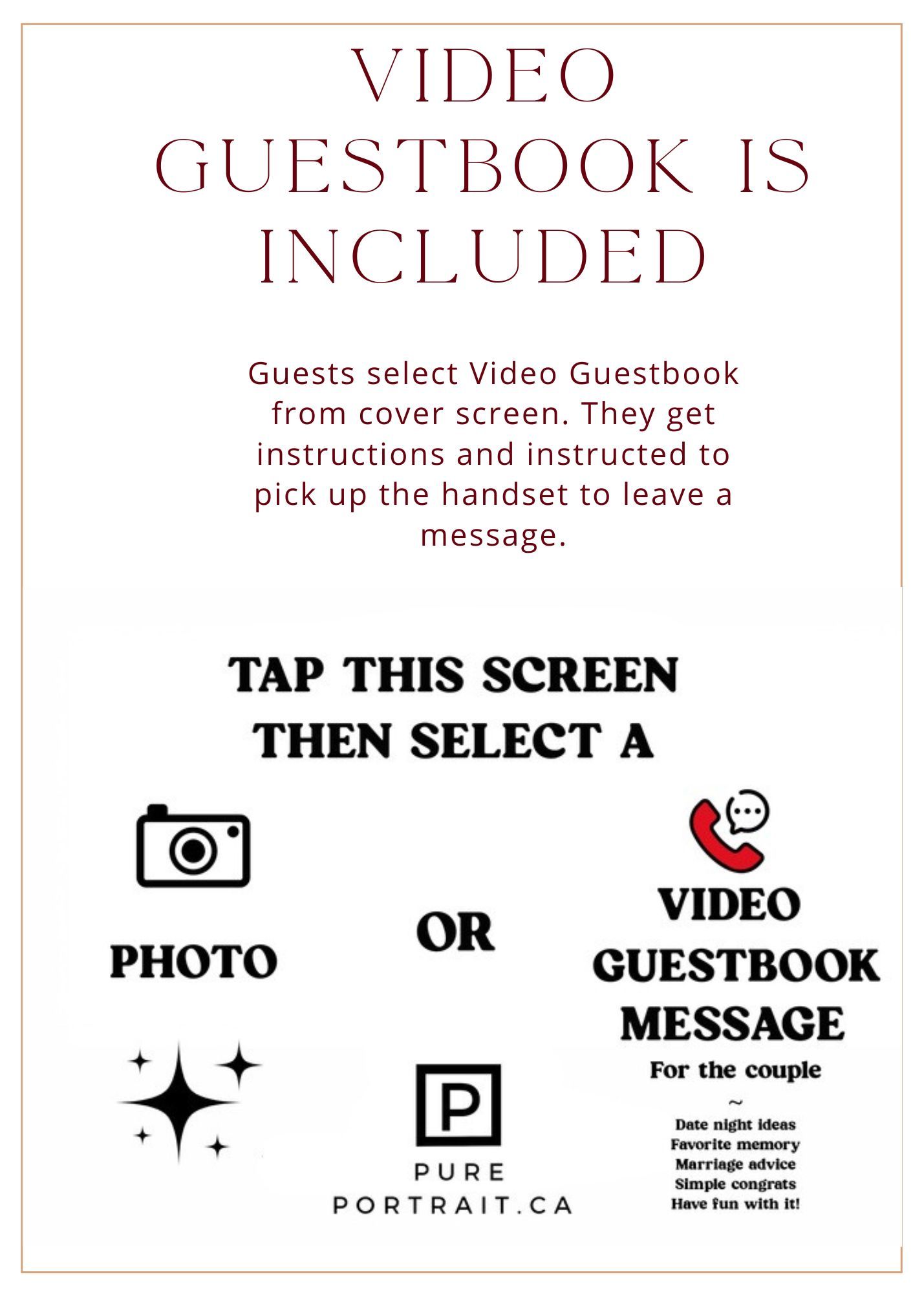 A series of mobile app interface screens showing video guestbook and photo selection options for an event.