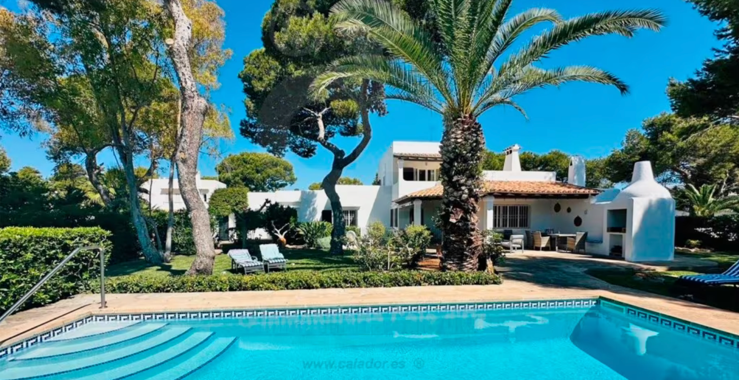 A panoramic view shows a Mediterranean coastal landscape with white buildings nestled among pine trees.