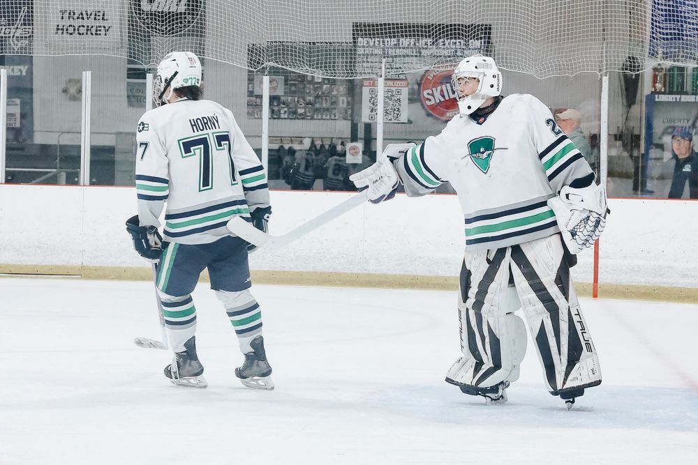 Hockey players in white and green uniforms skate on ice during a game sequence.