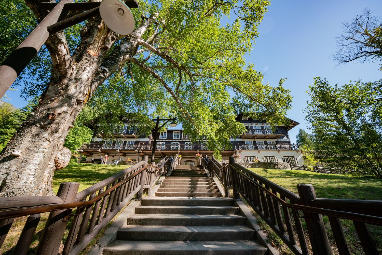 Lake Mcdonald Lodge stairway, view from the boat dock along the lake.