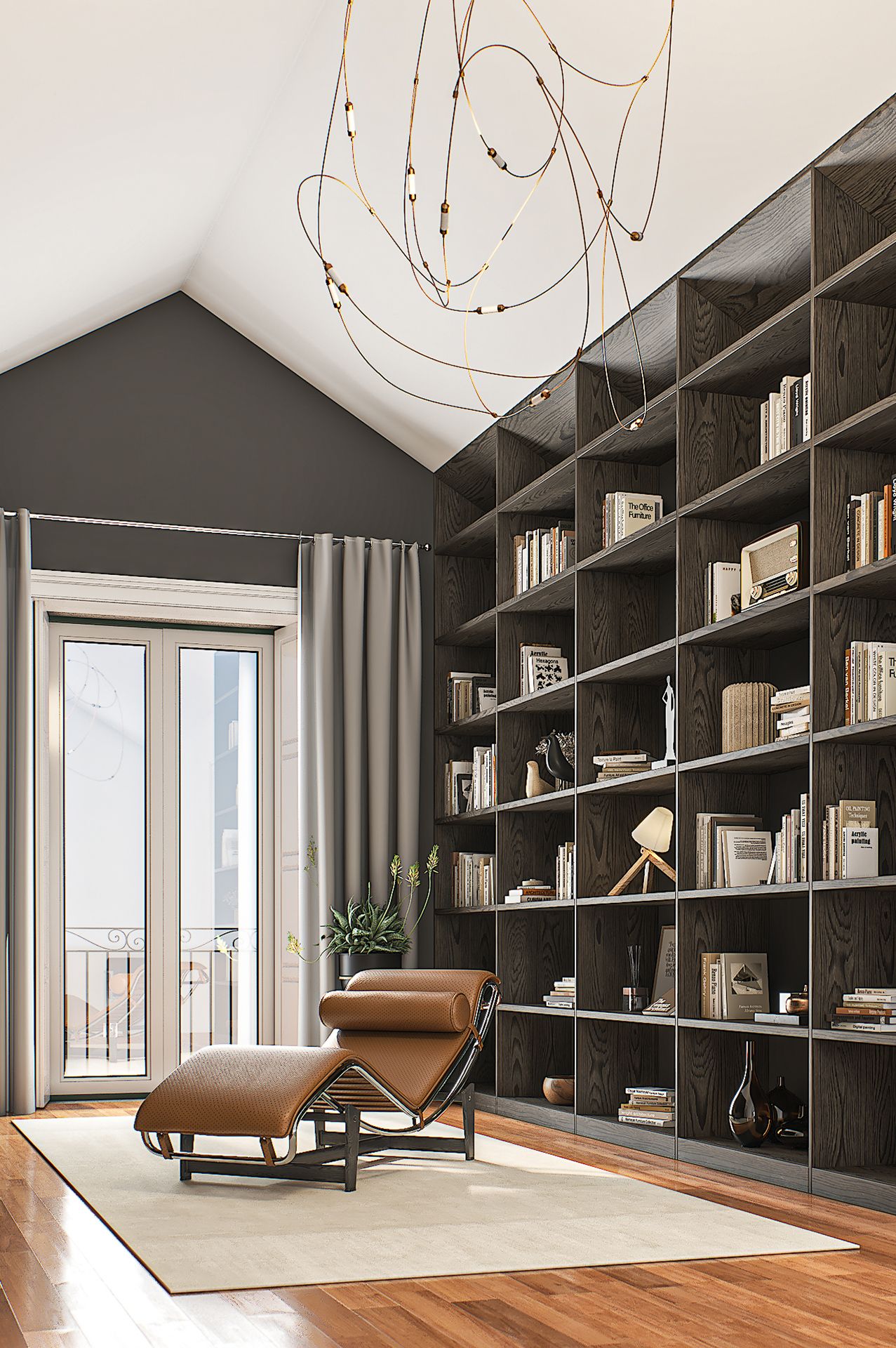 Modern home office with dark wood built-in shelving spanning an entire wall and hardwood flooring.