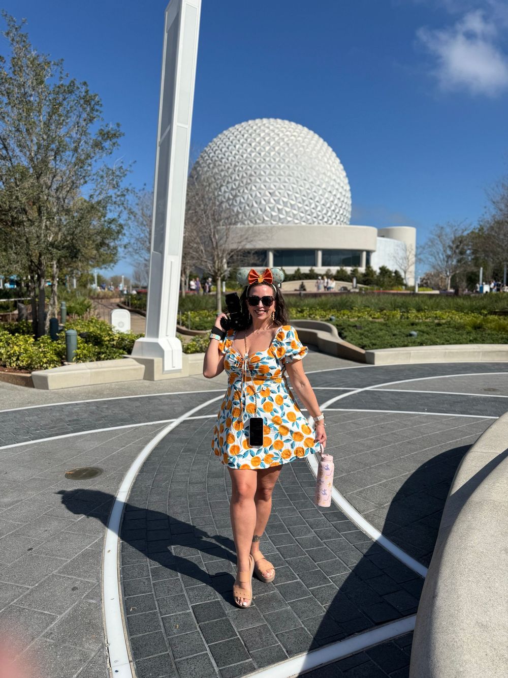 A series of photos showing Spaceship Earth at EPCOT with palm trees and walkways in the foreground.