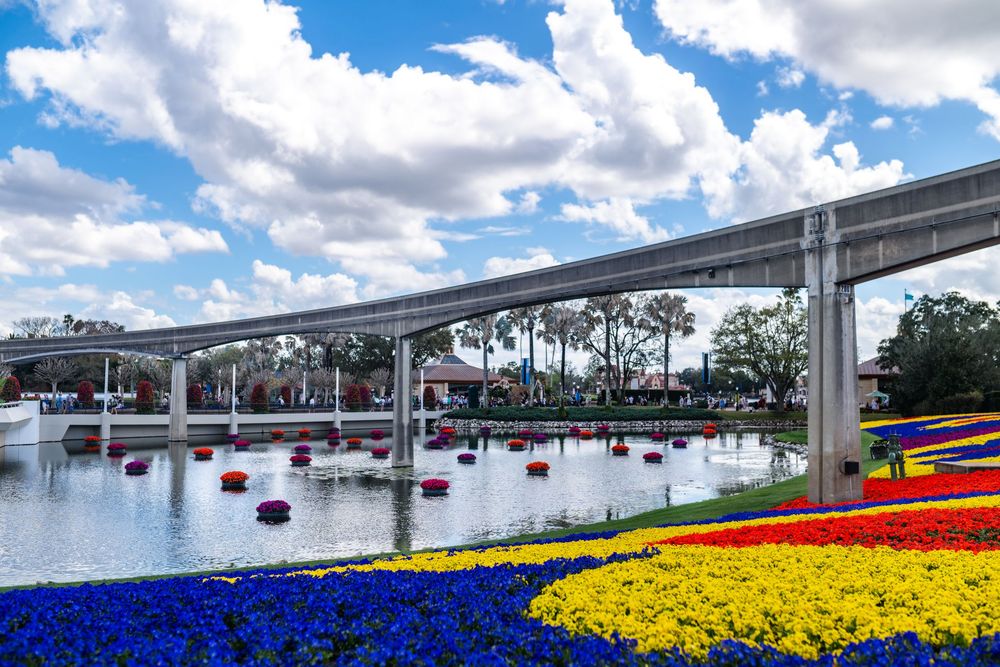 Panoramic view of colorful tulip fields blooming near a waterfront with boats and buildings in the background.
